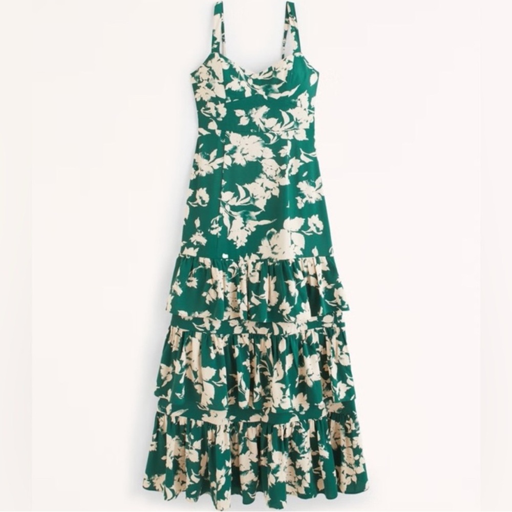 Abercrombie & Fitch Tiered Green and White Drama Ruffle Maxi Dress